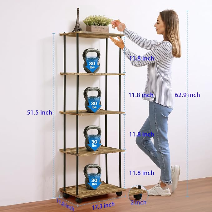 GETALL 5 Tier Bookshelf with Wheels, Tall Bookcase - Image 3