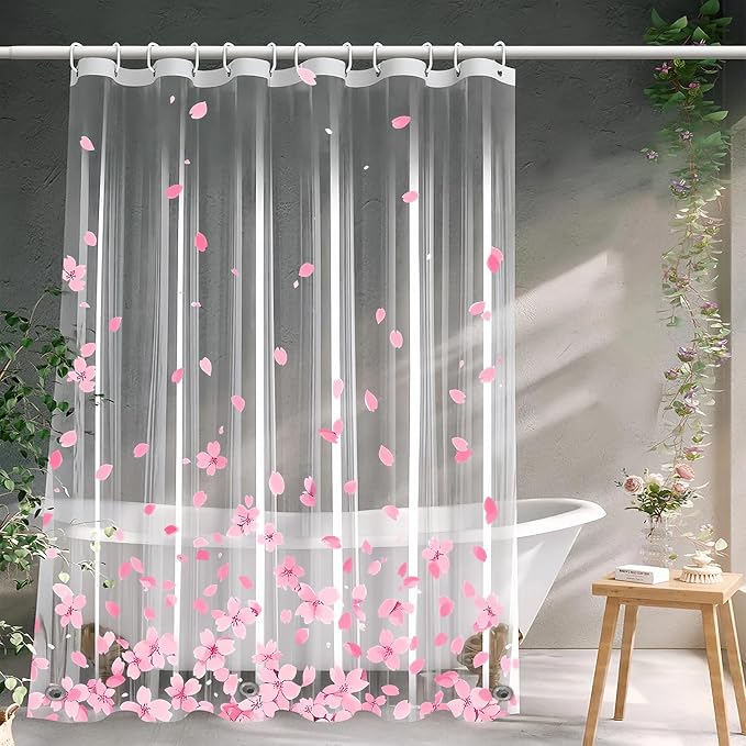 Clear Pink Floral Shower Curtain Liner, Cute Plastic Transparent Cherry Blossom by CAPQL