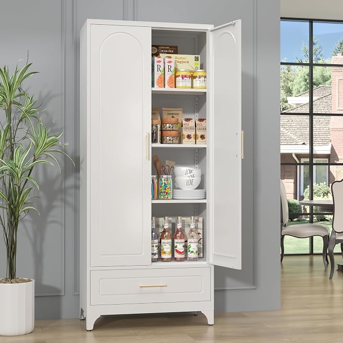 Metal Storage Cabinet with Drawers, 75Inch White Pantry Cabinets - Image 4