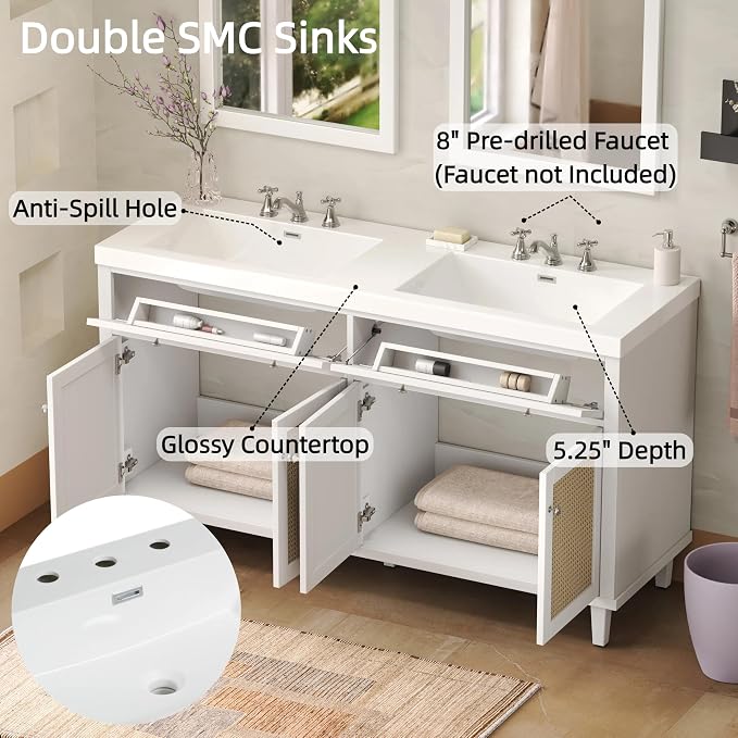 60 Inch Bathroom Vanity with Double SMC Sink Combo Set, Large Double Sink - Image 4