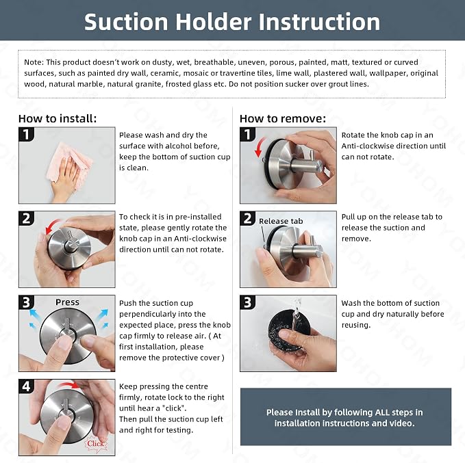 YOHOM Suction Cup Hooks Shower Towel Holder Stainless Steel Vacuum Bathroom - Image 7