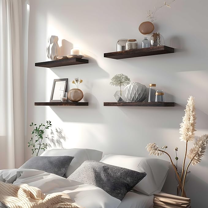 Brown Wood Floating Shelves for Wall Rustic Wall Shelves for Bedroom Set of 6 - Image 3