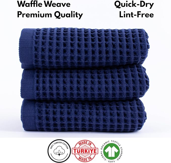 PÜSKÜL Organic Waffle Kitchen Towel 100% Turkish Cotton Set of 3 Navy Blue - Image 4