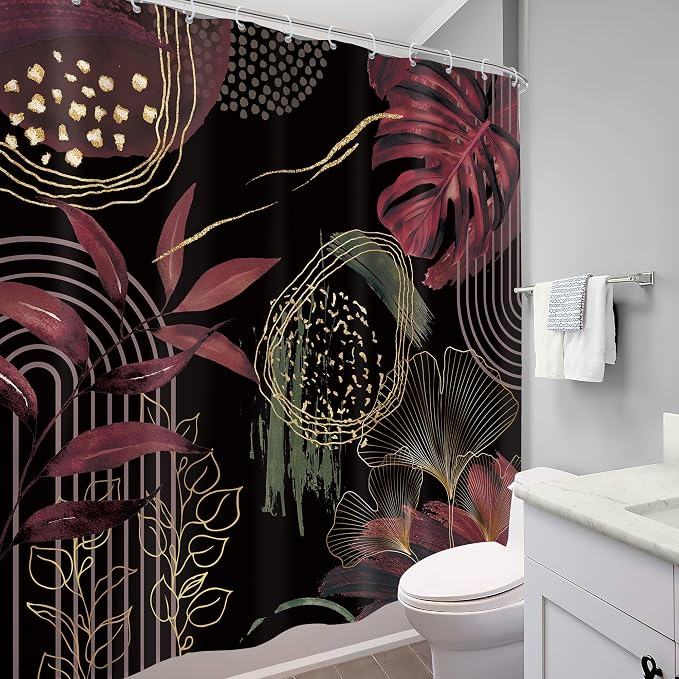 Black Burgundy Boho Shower Curtain 72Wx72H Mid Century Modern Abstract - Image 3
