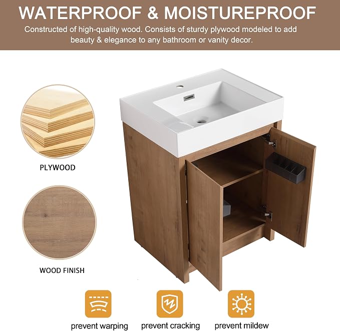 24 Inch Bathroom Vanity with Middle Resin Sink, Freestanding Single Sink Vanity - Image 5