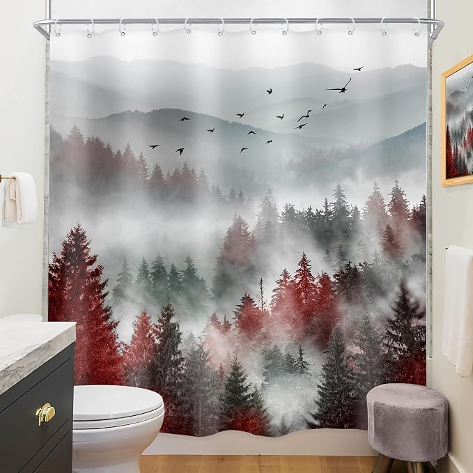 Riyidecor Red Black Mountain Shower Curtain 72Wx72H Inch Nature Scenery Foggy - Image 4