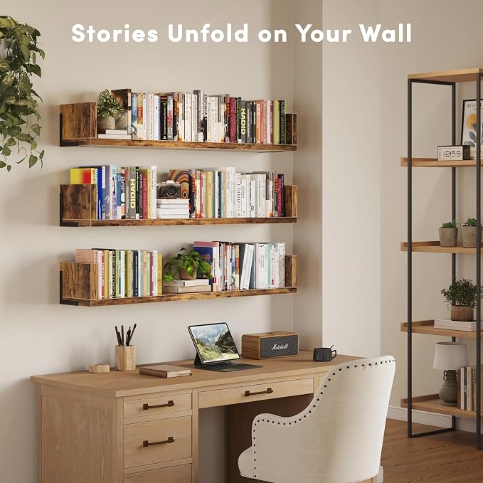 Wall Bookshelf, 36 Inches U Shaped Wall Shelves, Long Deep Floating Shelves - Image 4