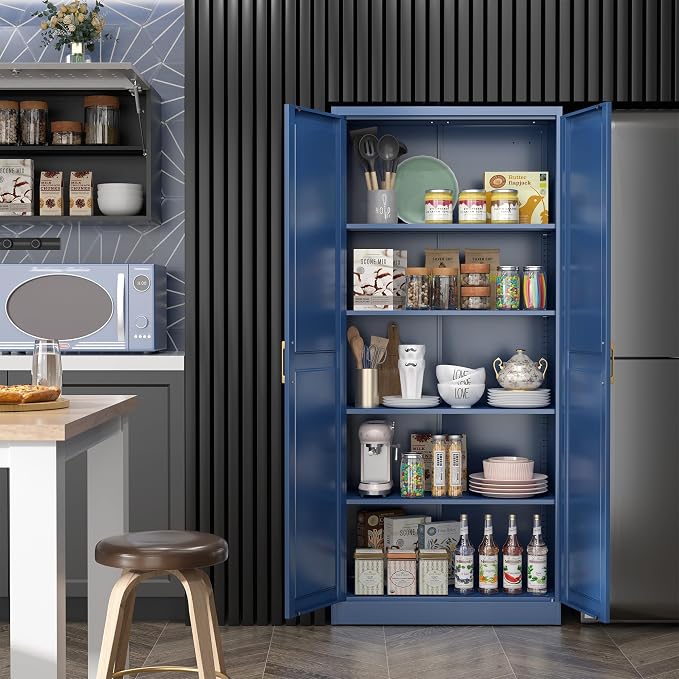 Kitchen Pantry Cabinet, 71”Blue Metal Pantry Storage Cabinets - Image 4