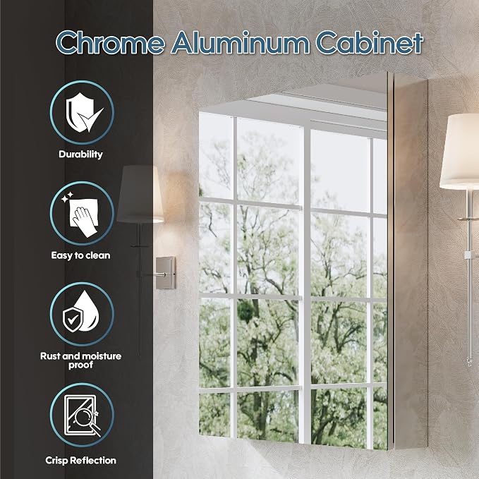 WELLFOR 24" x 30" Bathroom Medicine Cabinet, Anodized Chrome Aluminum Frame - Image 7