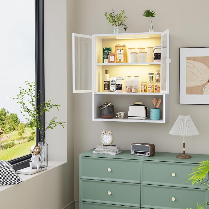 Metal Wall Cabinet with Glass Doors & LED Lights, Small Wall Mounted Medicine - Image 2
