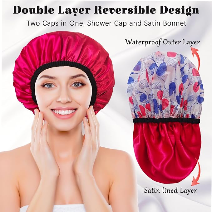 Shower Cap for Women, Shower Caps Reusable Waterproof, Large Plastic Satin - Image 3