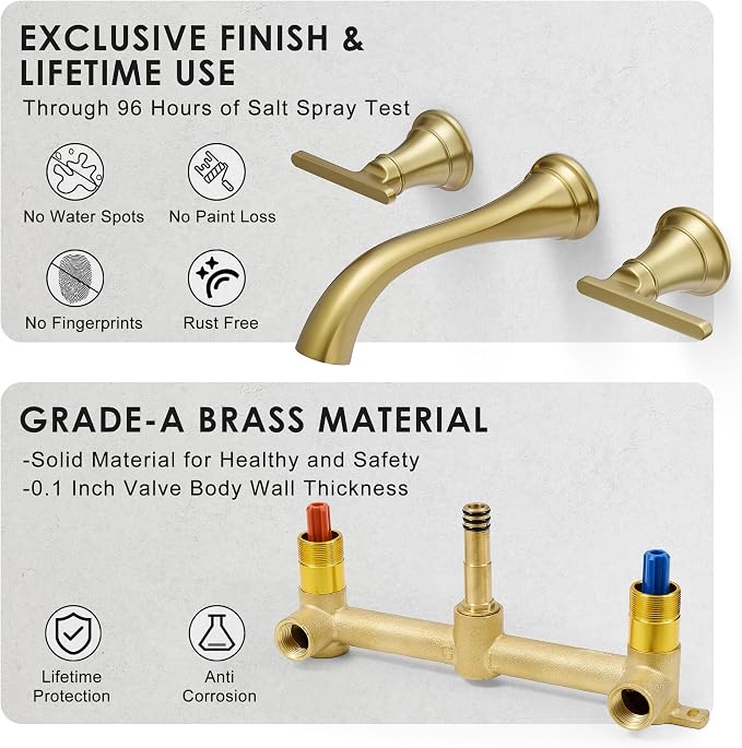 Wall Mount Tub Faucet, High Flow Solid Brass Brushed Gold Bathtub Faucet - Image 4