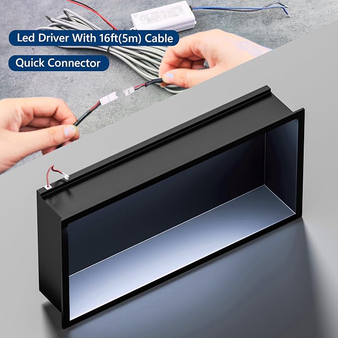 RGB LED Light Shower Niche, Matte Black 18X12 in Stainless Steel Recessed - Image 6