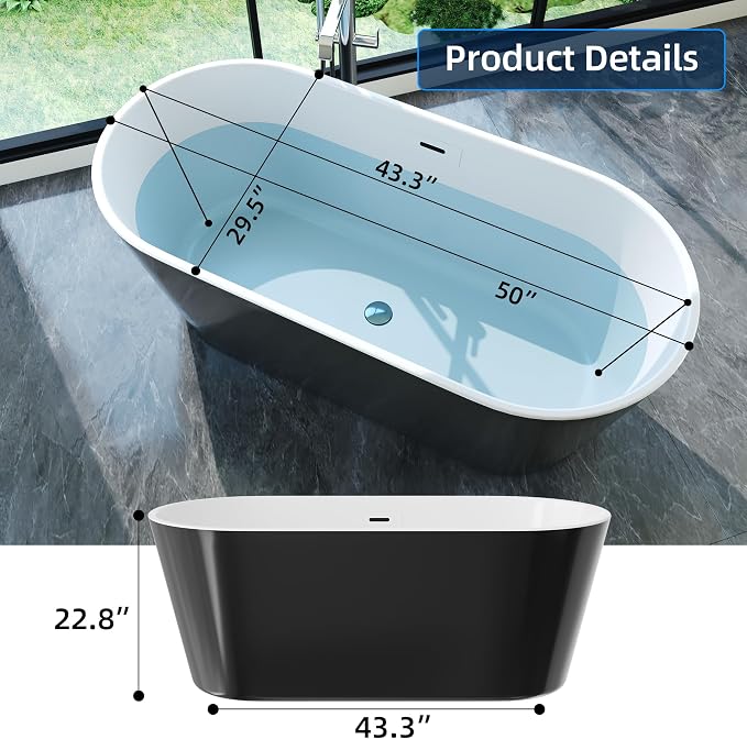 59 Inch Freestanding Bathtub, Acrylic Soaking Bathtub - Image 2