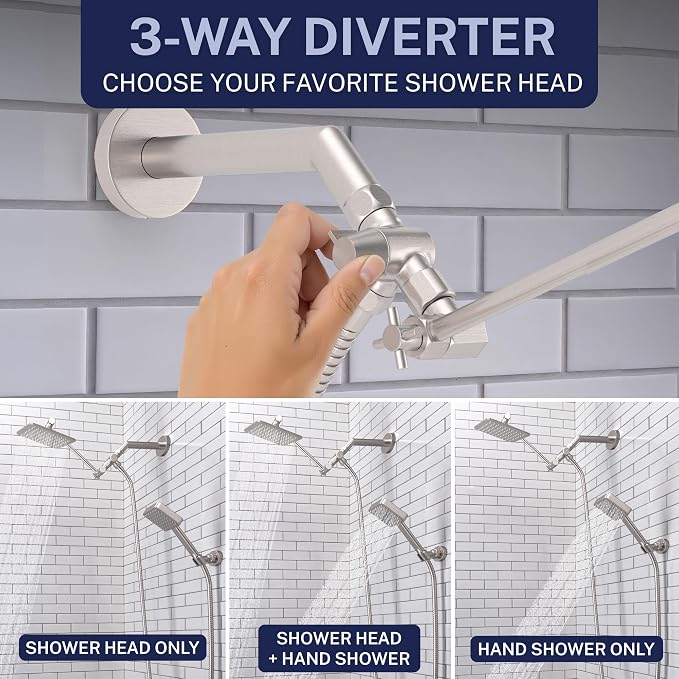 HammerHead® Solid Metal Dual Shower Head Combo — 8" Square Rain Shower Head - Image 3