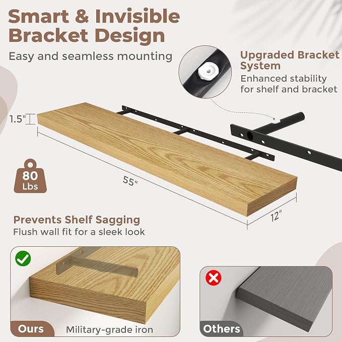 55 Inch Long Floating Shelves for Wall Set of 2, Easy Install Engineered Wood - Image 3