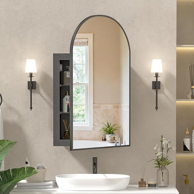 Recessed Medicine Cabinet for Bathroom, Brushed Black Arched Medicine Cabinet by Mepplzian