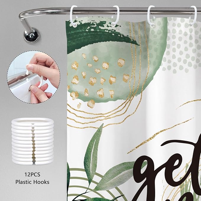 Green Boho Shower Curtain 60Wx72H Bohemian Sage Green Golden Leaves Get Naked - Image 6
