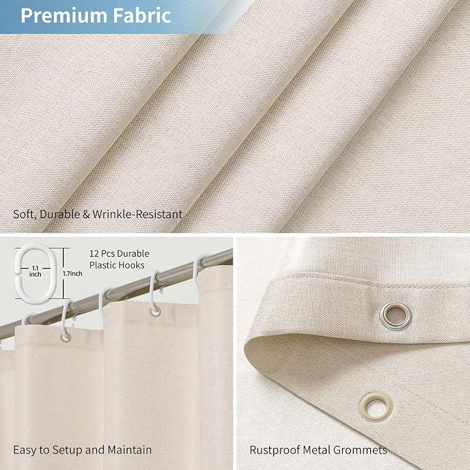 2-in-1 Waterproof Extra Long Fabric Shower Curtain or Liner, Linen Textured - Image 6