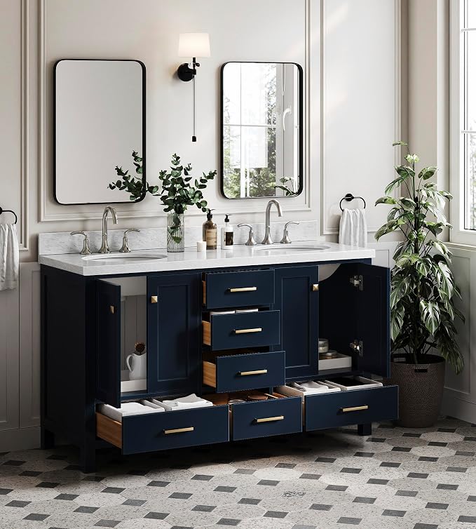 ARIEL Cambridge 61 Inch Midnight Blue Bathroom Vanity Double Sink, Solid Wood - Image 4