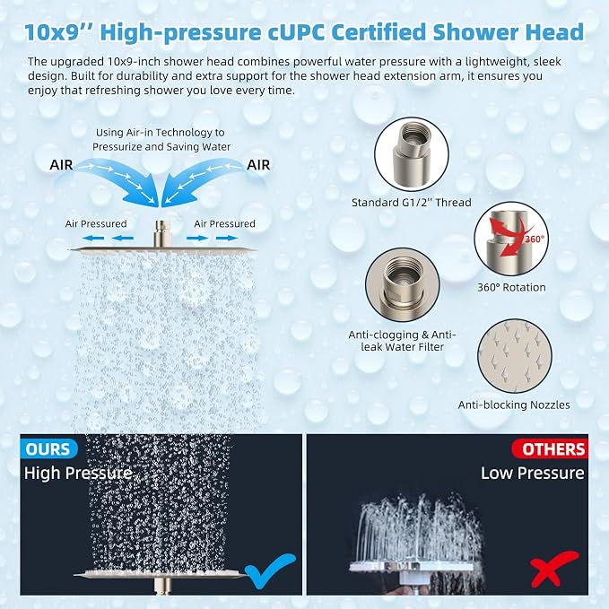 Hibbent All Metal CUPC Certified 10'' Rainfall Shower Head, Dual Shower Head - Image 6