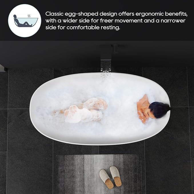 SJ STAR&JANE 59" Freestanding Solid Surface Bathtub, Oval Stone Resin Soaking - Image 4