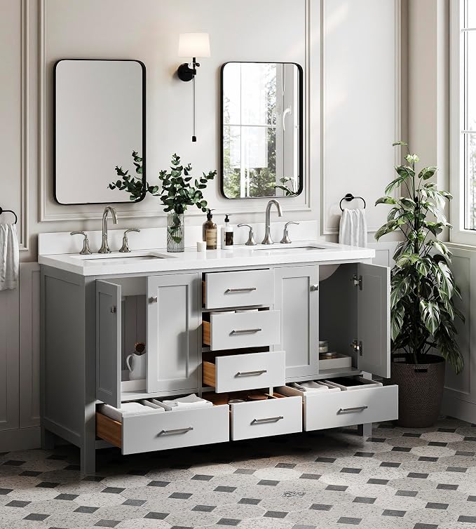 ARIEL Cambridge 61 Inch Grey Bathroom Vanity Double Sink, Solid Wood, 1.5-Inch - Image 3