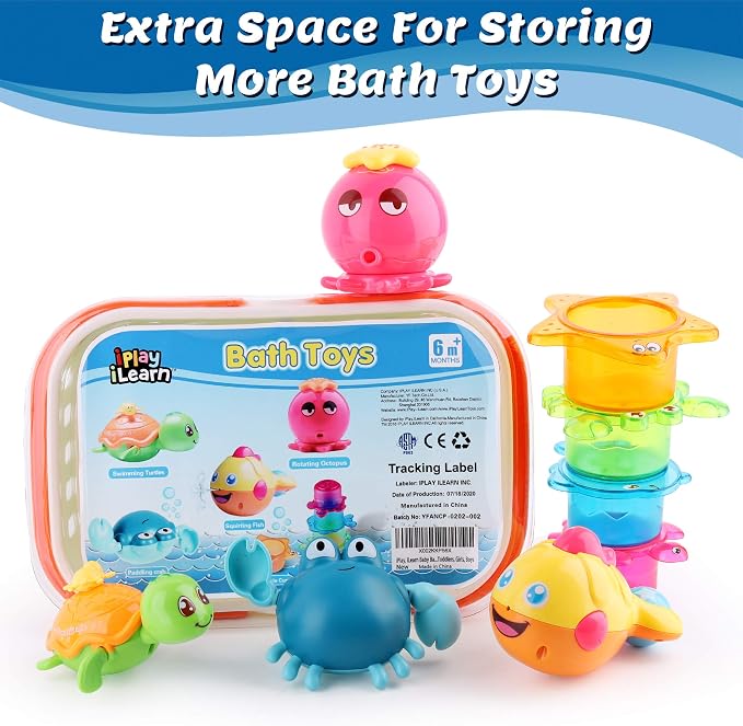 iPlay, iLearn Baby Bath Toys w/ Organizer, Water Squirting Octopus, Wind Up - Image 5