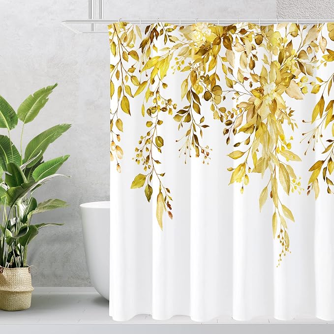 Gibelle Yellow Eucalyptus Shower Curtain, Watercolor Plant Leaves by Gibelle
