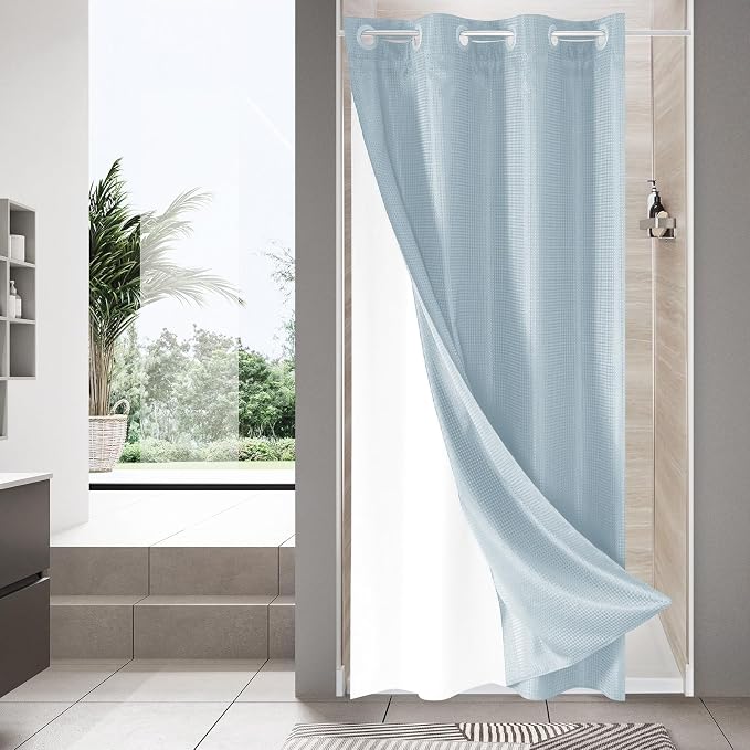 MitoVilla Blue Waffle Small Stall Shower Curtain Liner Set 36 x 74, No Hooks by MitoVilla