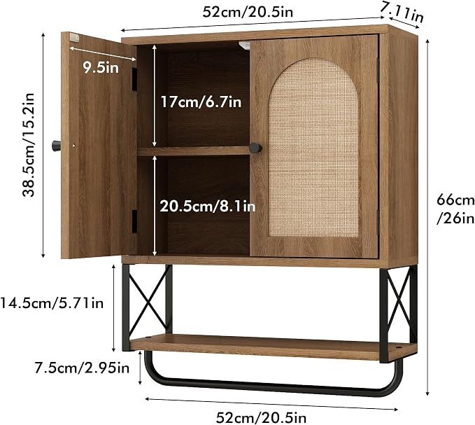 RUSTOWN Rattan Bathroom Wall Cabinet, Boho Over The Toilet Storage Cabinet - Image 2