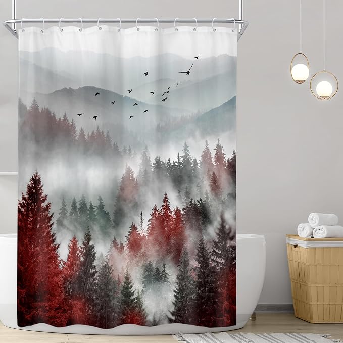 Riyidecor Red Black Mountain Shower Curtain 48Wx72H Inch, Stall Narrow Rv Small - Image 2