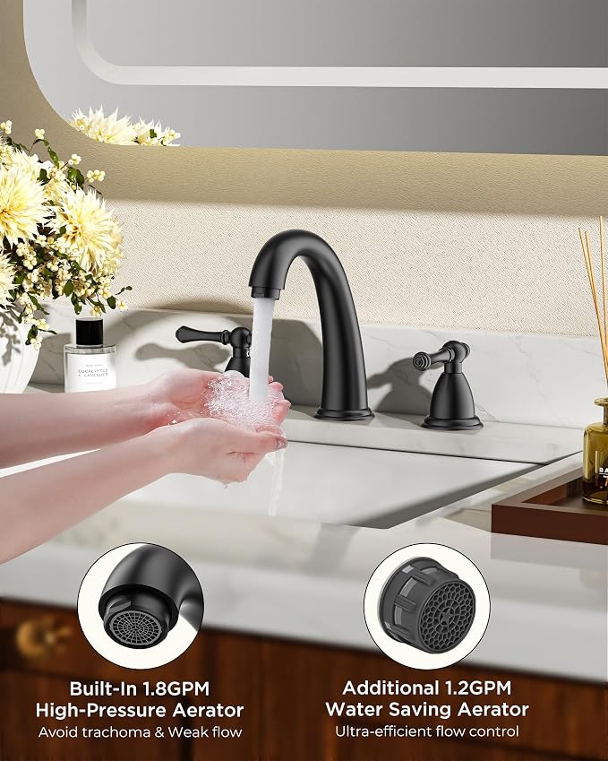 FORIOUS Black Bathroom Sink Faucet 8 Inch, Widespread Bathroom Faucet 3 Hole - Image 4