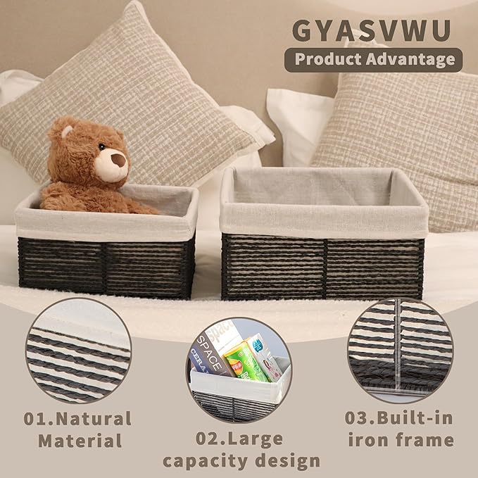 GYASVWU Hand-Woven Paper Rope Storage Baskets, Rectangular Wicker Baskets - Image 2