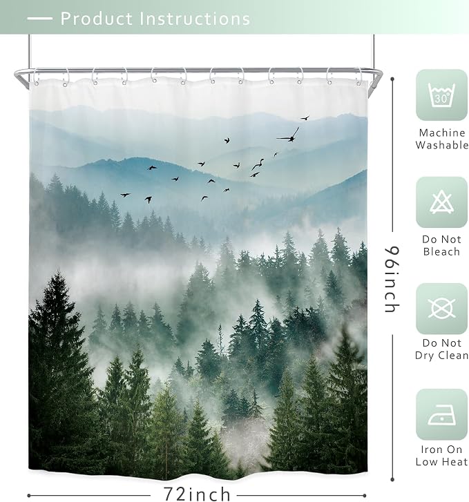 Riyidecor Green Mountain Shower Curtain 72Wx96H Inch Extra Long Nature Rustic - Image 5