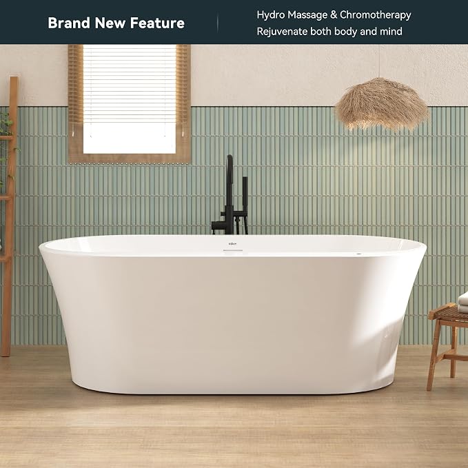 FerdY Mauritius 67 Inch Acrylic Freestanding Whirlpool Bathtub, Oval - Image 2