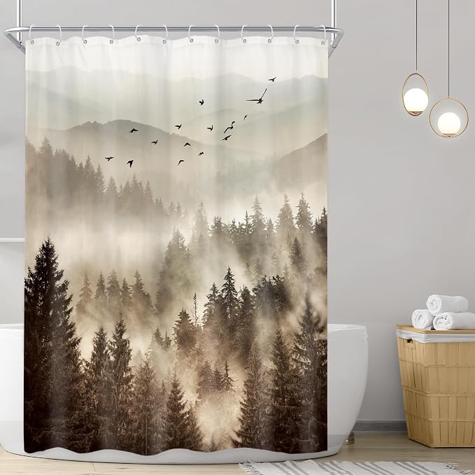 Riyidecor Foggy Mountain Shower Curtain 48Wx72H Inch RV Narrow Nature Scenery - Image 2