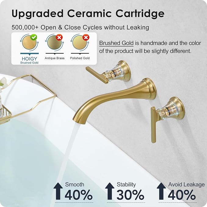 Wall Mount Tub Faucet, High Flow Solid Brass Brushed Gold Bathtub Faucet - Image 5