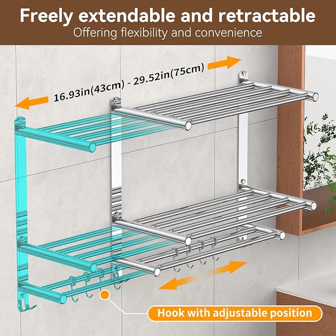 Bathroom Towel Rack with Shelf and Towel Bar, 2-Tier Expandable SUS304 - Image 3