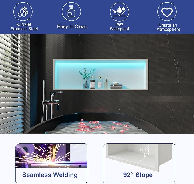 RGB LED Light Shower Niche, Waterproof No Tile Needed Wall Niche - Image 6