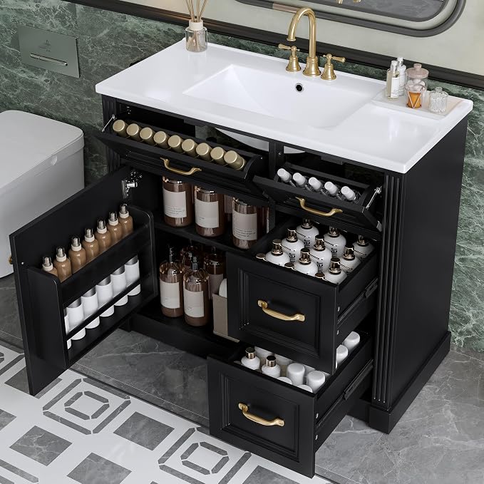 36 in Bathroom Vanity with Sink, Drawers and Flip-Out Drawers, Modern Solid by Virubi