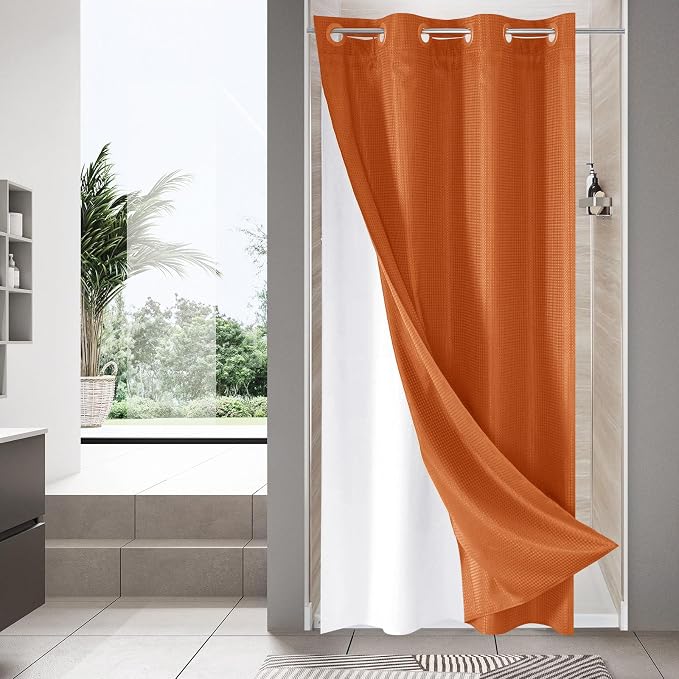 MitoVilla Orange Waffle Small Stall Shower Curtain Liner Set 36 x 74, No Hooks by MitoVilla