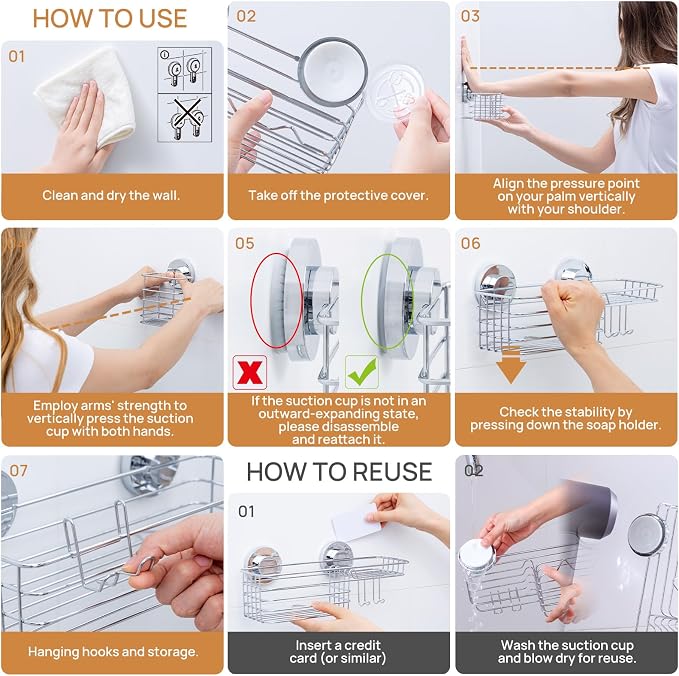 LEVERLOC Shower Caddy Suction Cup, 3 Pack Heavy Duty Bathroom Organizer - Image 5