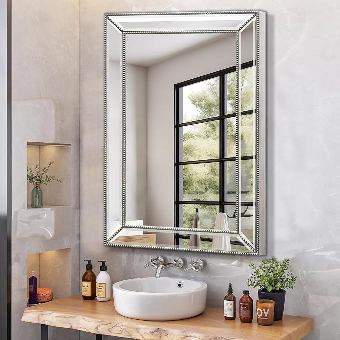 Bathroom Medicine Cabinet with Silver Metro Beaded Wooden Frame, 16x26 Inch - Image 8