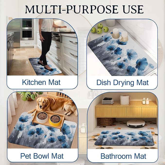 Elightvap Vintage Blue Flower Bathroom Rugs Mat Non Slip Absorbent Quick Dry - Image 7