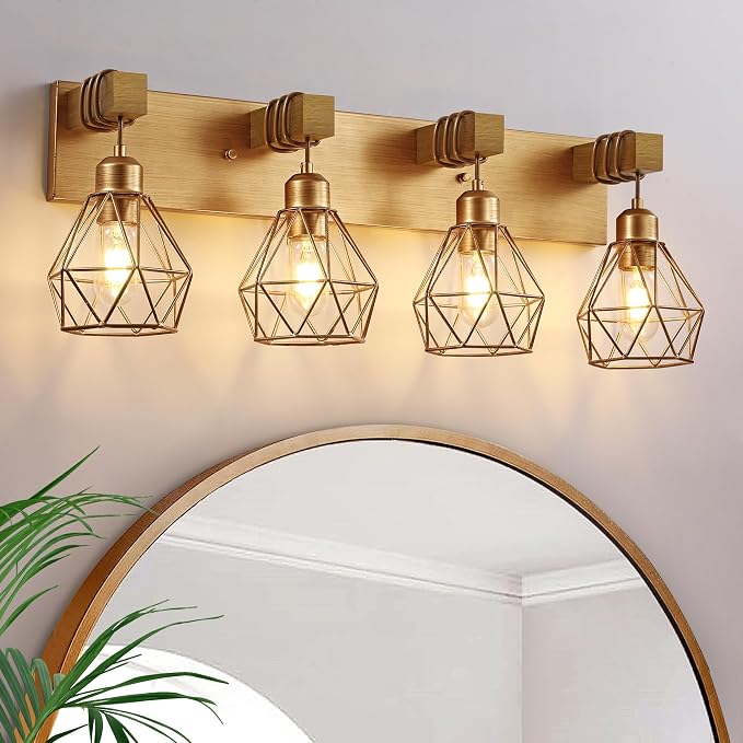 Farmhouse Bathroom Light Fixtures, 4-Light Gold Bathroom Vanity Light, Rustic by LIGHTUPYOURLIFE
