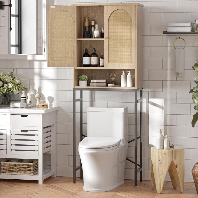 Rattan Toilet Storage Cabinet, Over The Rack Wood Cabinet - Image 3