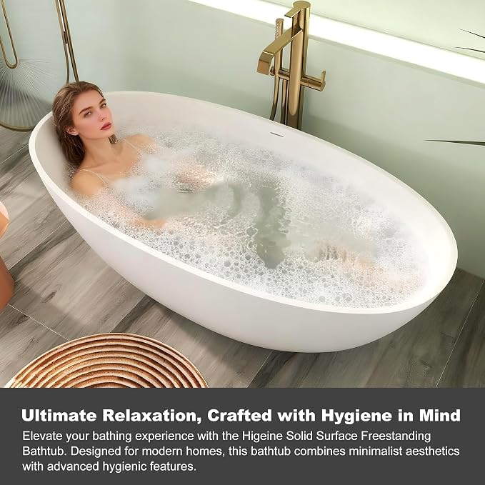 55" Premium Solid Surface Freestanding Bathtub, Upgraded Oval Stone Resin Tub - Image 6