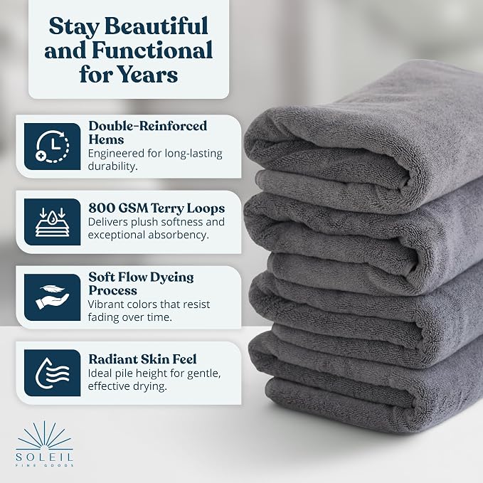 Soleil Fine Goods Luxurious 800 GSM 100% Cotton Bath Towel Set - Image 3