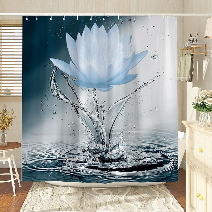 Lotus Shower Curtain Black White Blue Flower Elegant Blooming Floral - Image 3